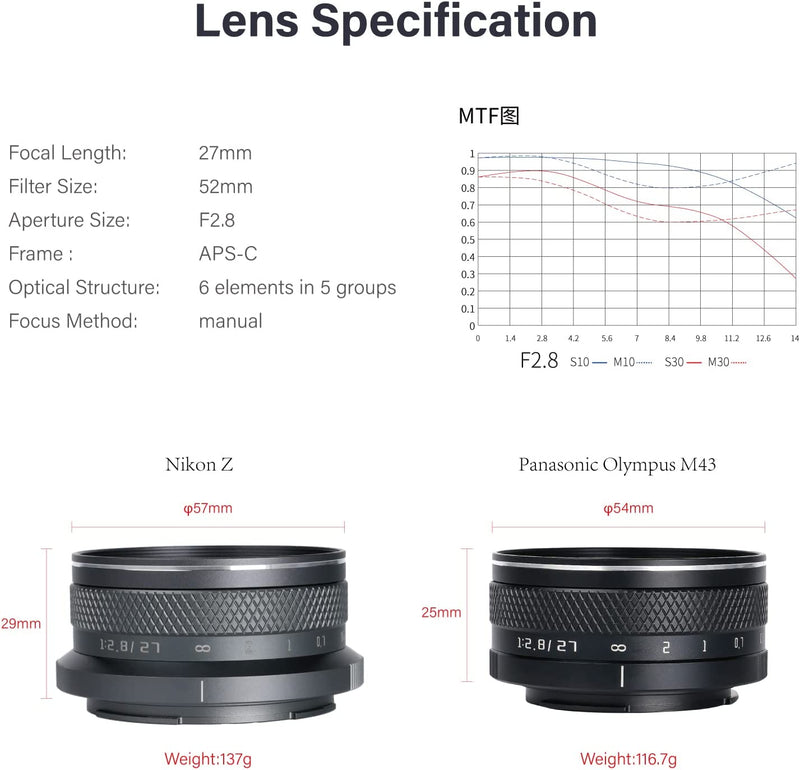 AstrHori 27mm F2.8 II Manual Inner Focus Prime Lens for Fuji, Nikon and Canon Cameras