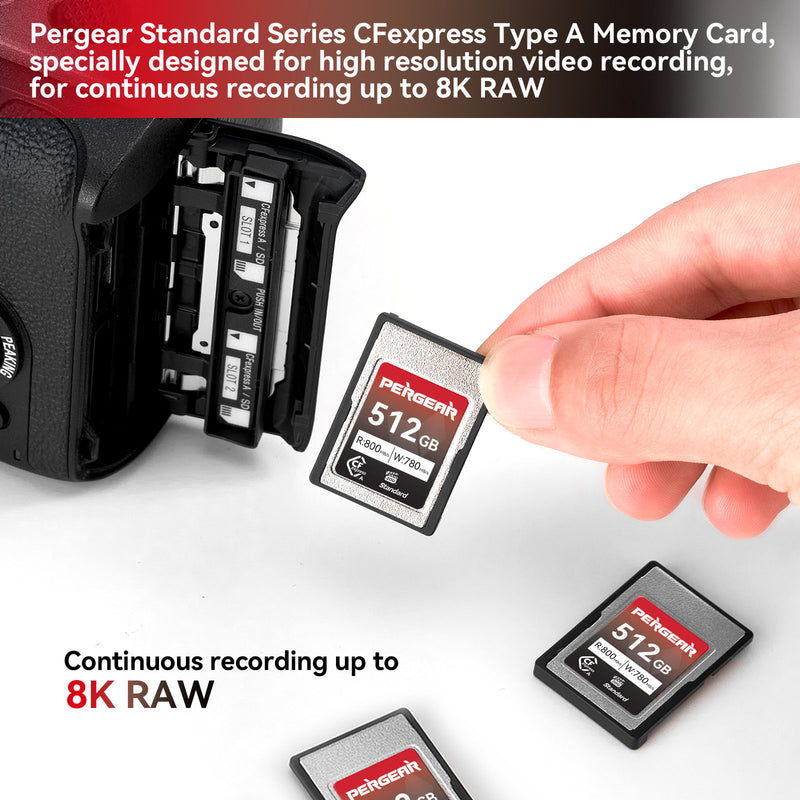 Pergear 512GB Scheda di memoria CFexpress tipo A, fino a 800 MB/s di velocità di lettura e 780 MB/s di velocità di scrittura per 4K 120P, 8K 30P (con lettore di schede Pergear 512GB Scheda di memoria CFexpress tipo A, fino a 800 MB/s di velocità di lettura e 780 MB/s di velocità di scrittura per 4K 120P, 8K 30P (con lettore di schede