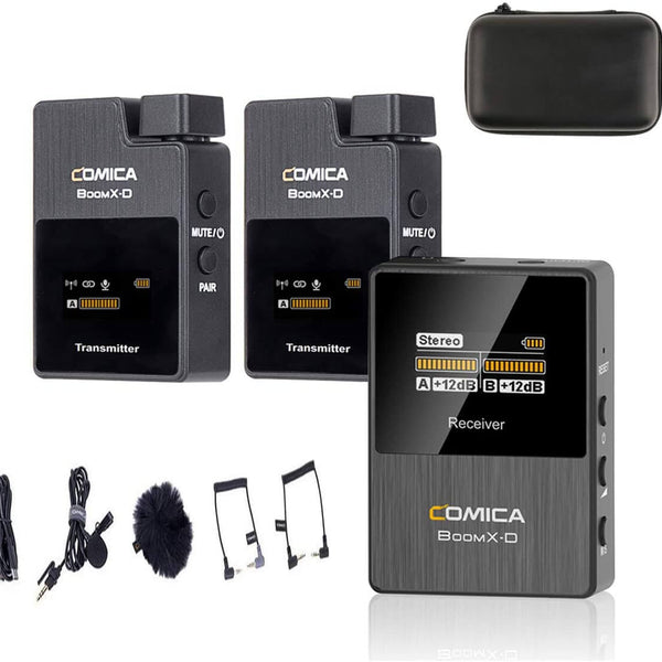Comica BoomX-D D2 2.4G Digital 1-Trigger-2 Wireless Microphone with 2 Mini Lapel Lavalier Mic for DSLR Camera,OLED Display Transmitter & Receiver, Separate Stereo Recording for Podcast Interview Vlogging – Pergear Comica BoomX-D D2 2.4G Digital 1-Trigger-2 Wireless Microphone with 2 Mini Lapel Lavalier Mic for DSLR Camera,OLED Display Transmitter & Receiver, Separate Stereo Recording for Podcast Interview Vlogging – Pergear