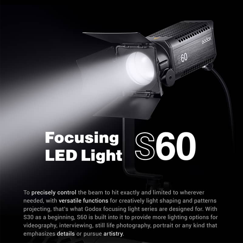 Godox S60 60W Daylight LED Studio Fresnel Spot Light, Focusing LED Light
