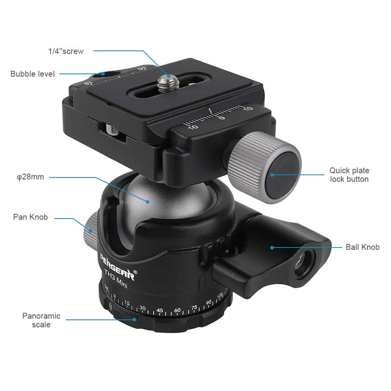 Pergear TH3 Mini Ball Head, Free Rotation Tripod Head for DSLR Cameras, Monopods, Gopro, Slider, etc.