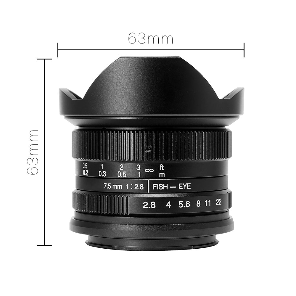 7artisans 7.5mm F2.8 Fisheye Fixed Lens for Olympus Panasonic Micro Four Thirds MFT M4/3 Cameras - Black with Protective Lens Cap, Removable Lens Hood and Carrying Bag