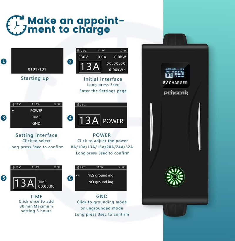 PERGEAR Type 2 EV Charger for Electric Vehicals Tesla, BYD, Benz, Audi, BMW and So On