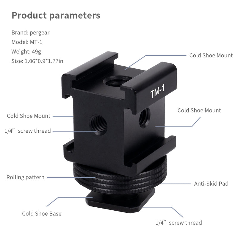 Pergear TM-1 Hot Shoe Extension Bracket with Triple Cold Shoe Mounts